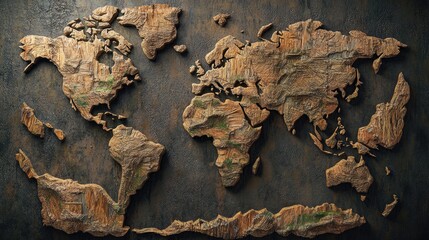 Poster - World map made from natural textures like wood and stone, earthy style