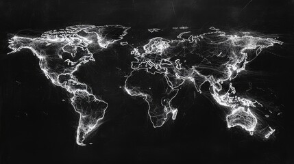 Poster - World map on a sleek black background with white outlines, modern and minimalist