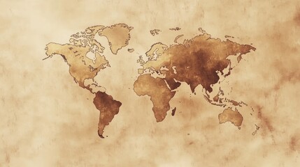 Poster - World map on an old parchment background, vintage aesthetic with faded edges