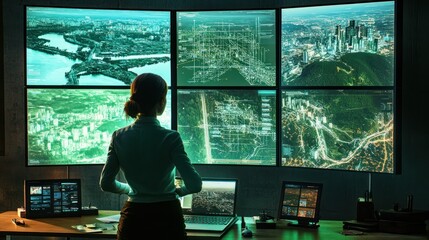 Poster - a person monitors multiple screens displaying city maps and data in a control room.
