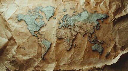 Poster - World map on an old parchment background, vintage aesthetic with faded edges