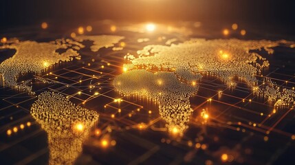 Poster - World map with a glowing grid and data points, symbolizing a digital network