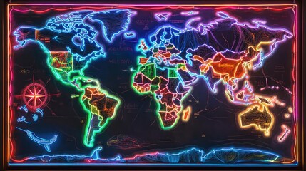 Poster - World map with bright neon accents, emphasizing global travel routes