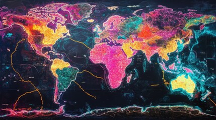 Poster - World map with bright neon accents, emphasizing global travel routes