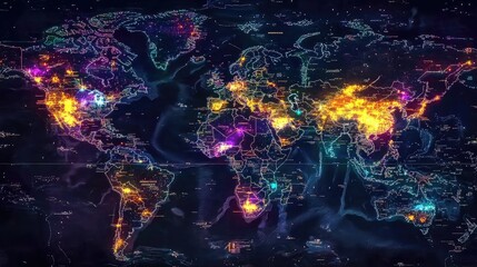 Poster - World map with bright neon outlines of continents and bright data points for major cities