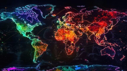 Poster - World map with bright neon outlines of continents and bright data points for major cities