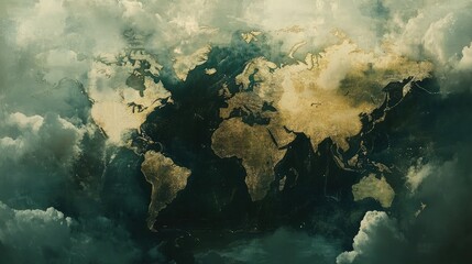 Poster - World map with cloud textures overlaid, giving it a dreamy, abstract look
