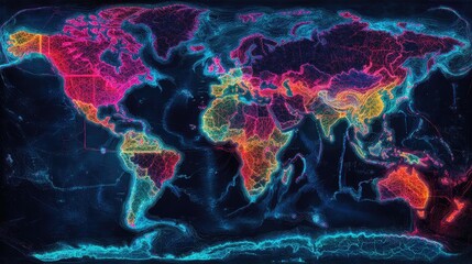 Poster - World map with highlighted trade routes and shipping lanes in neon colors