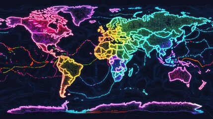 Poster - World map with highlighted trade routes and shipping lanes in neon colors