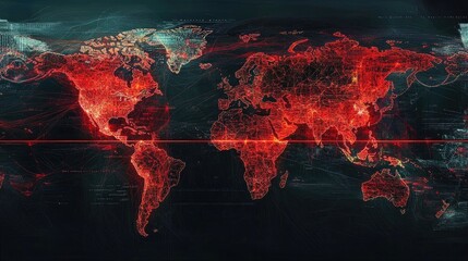Poster - World map with major trade routes drawn in bright red, showing global connections