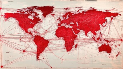 Poster - World map with major trade routes drawn in bright red, showing global connections