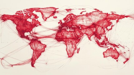 Poster - World map with major trade routes drawn in bright red, showing global connections