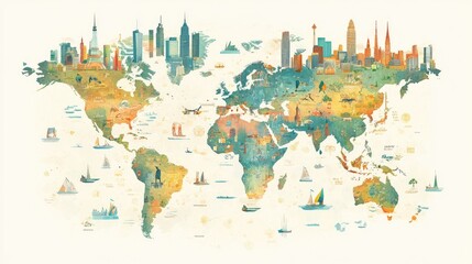 Poster - World map with minimalistic symbols representing major cities and landmarks