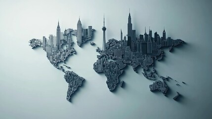 Poster - World map with minimalistic symbols representing major cities and landmarks