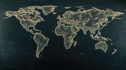 Poster - World map with thin white lines outlining continents against a black background