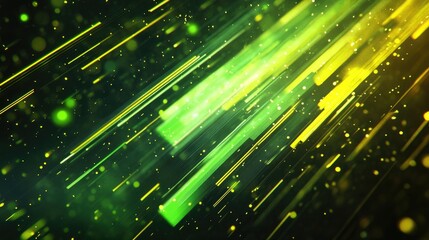Poster - futuristic abstract design featuring sharp intersecting neon green and yellow lines with floating pa