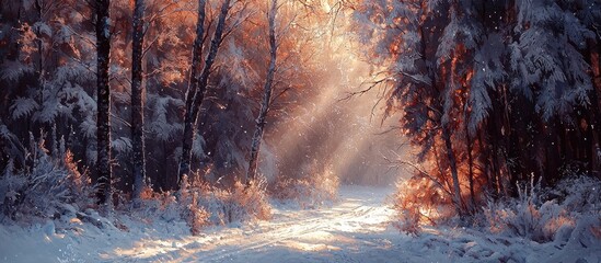 Poster - Sunlight Lighting Path Through Snowy Woods