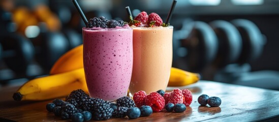 two glasses of smoothies with berries and bananas on wooden surface.