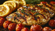© Yoonnam - vibrant, fresh dish featuring cherry tomatoes, roasted lemon, and seasoned chicken on a rustic wooden table. The bright colors and herbs evoke warmth and natural flavors, symbolizing vitality and fres