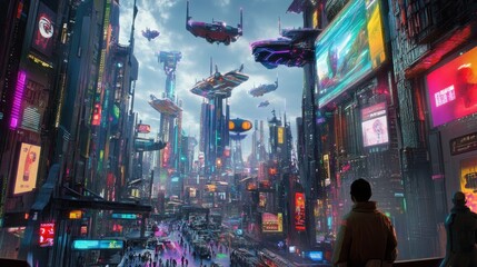 Poster - A vibrant futuristic cityscape with flying vehicles and bustling streets under a dynamic sky.