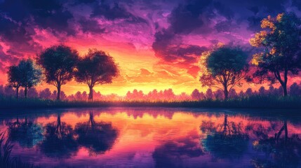 Poster - Vibrant sunset over a serene landscape with silhouetted trees and a calm river reflecting the colorful sky
