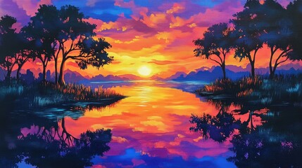 Poster - Vibrant sunset over a serene landscape with silhouetted trees and a calm river reflecting the colorful sky