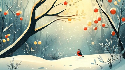 Poster - abstract winter themed background featuring a 2d cartoon illustration
