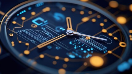 Aufkleber - Close-up View of a Modern Digital Watch Face Featuring Futuristic Design Elements and Illuminated Dials with Technology-Inspired Graphics in Dark Background