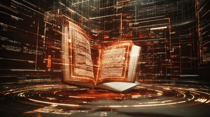 Poster - An open book surrounded by digital data streams, symbolizing knowledge and technology.
