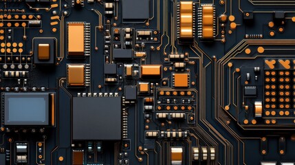 Aufkleber - Close-up View of a High-Tech Circuit Board with Orange and Black Components, Ideal for Technology and Computer Graphics Illustrations or Backgrounds