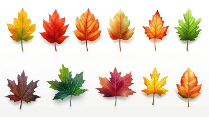Poster - Vibrant autumn leaves in various colors set against a white background illustrated in a 2D cartoon style