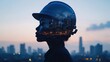 © Phoenix AI Photo - A silhouette of a woman in a helmet against a city skyline at dusk.
