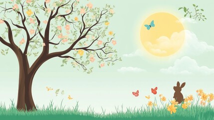 Poster - Tree with Animal in Square Frame Spring Theme Text Border Design Natural Elements