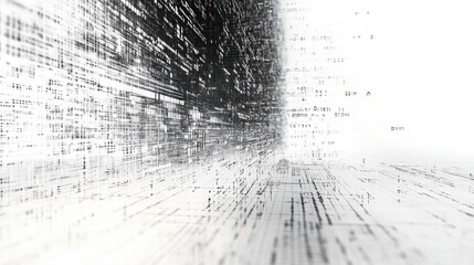 Poster - a computer code editor with highlighted syntax blending into a digital matrix pattern white background