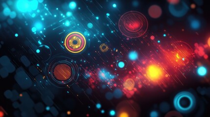 Poster - Abstract technology background featuring a 2D cartoon illustration with luminous digital symbols