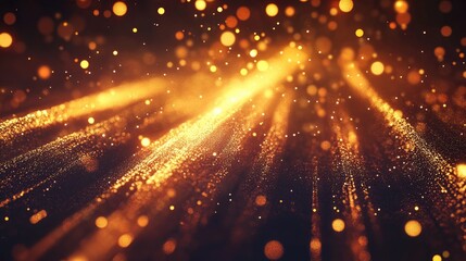 Poster - Stylish golden light effect featuring abstract laser beams and chaotic neon rays with golden glitters on a transparent dark background 2D cartoon illustration EPS 10