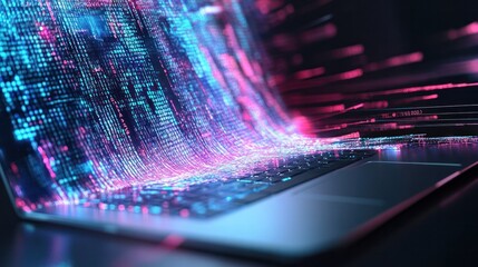 Poster - Futuristic 3D representation of software codes flowing from a laptop screen in a digital stream with data nodes