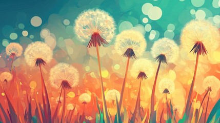 Poster - 2D cartoon illustration featuring an abstract background with dandelions