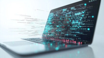 Poster - Futuristic 3D representation of software codes flowing from a laptop screen in a digital stream with data nodes