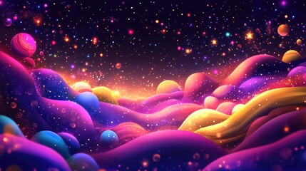 Poster - Glow light effect in a 2D cartoon illustration with festive elements and sparkling dust
