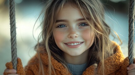 a young girl with blue eyes and freckles smiles while swinging on a rope swing.