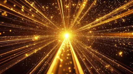 Poster - Stylish golden light effect featuring abstract laser beams and chaotic neon rays with golden glitters on a transparent dark background 2D cartoon illustration EPS 10