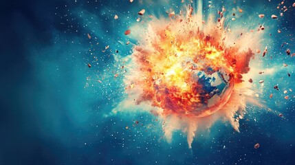 Poster - Abstract science illustration of an exploding globe on a blue backdrop