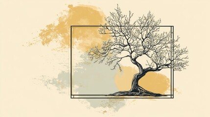 Poster - Tree with Animal in Square Frame Spring Theme Text Border Design Natural Elements