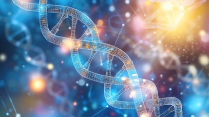 Poster - Molecular structure backdrop featuring DNA representing the intersection of medicine science and digital technology through interconnected lines and dots