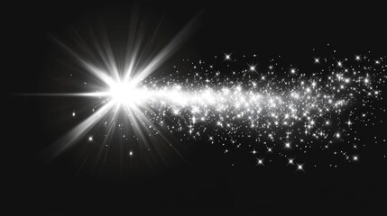 Poster - White glowing light bursts against a transparent backdrop releasing sparkling magical dust particles A bright star shines with a dazzling flash 2D cartoon illustration of radiant sparkles centered