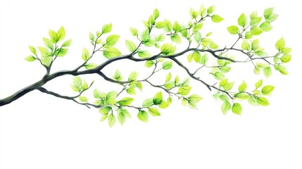 Poster - Cartoon illustration of a tree branch with vibrant green leaves set against a clean white background serving as a design element