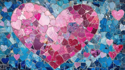 Poster - Mosaic map of love hearts in pink and blue hues featuring a heart shaped collage Abstract design ideal for romantic decoration