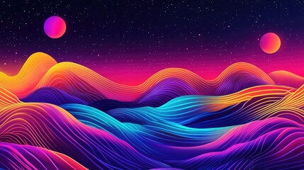 Poster - Abstract 2D cartoon illustration featuring illuminated neon wave patterns