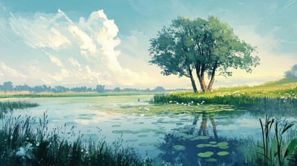 Poster - Serene illustration of a natural landscape featuring a tranquil swamp scene